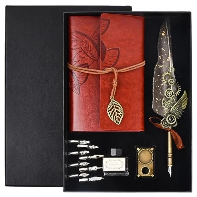 Imagen de volumoon 12 Piezas Juego de Pluma Inmersión, Escribir Vintage, Set Plumas Caligrafía con 8 Puntas Adicionales, Tinta, Cuader Cuero y Titular Pluma, para Escritura Dibujo Regalo