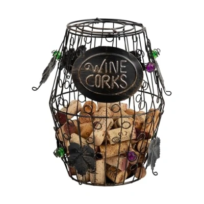Imagen de Mind Reader Soporte de Corcho Vino Metal con Adornos, Negro, Grande