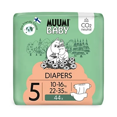 Imagen de pañales Muumi Baby Eco Talla 5, 10 16 kg, 44 premium con barrera antifugas suaves y agradables para la piel, transpirables, absorbentes, sin productos químicos innecesarios