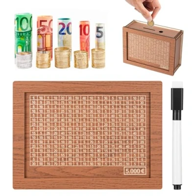 Imagen de Bczhieulw Hucha Madera，Huchas，Uchas Dinero Adultos，Hucha Ahorro，Alcancia para Adultos，Bank Box，Hucha Reutilizable con números marcar y Objetivo de Ahorro (5000)