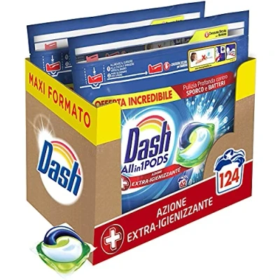 Imagen de Dash Pods Detergente para lavadora en cápsulas, 124 lavados (2 x 62), acción desinfectante, tamaño grande, un limpio desinfectado, eficaz incluso a baja temperatura