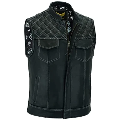 Imagen de Leatherick Groove Club Chaleco Cuero Hombre Forro Tradicional De Satén Cachemira Con Costuras Diamantes Blancos (2XL60)