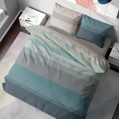 Imagen de DILIOS Juego de ropa cama 200 x cm, 100 % algodón, transpirable, con cremallera, diseño a rayas, color azul/verde/gris, 3 piezas, funda nórdica y 2 fundas almohada 80 cm