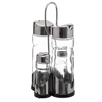 Imagen de Secret de Gourmet Aceitera y Vinagrera Juego 5 Piezas con Soporte Vidrio Acero inoxidable Menaje Sal, Pimienta, Vinagre Aceite