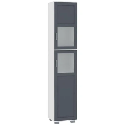 Imagen de kleankin Armario Alto de Baño Mueble Columna con 2 Puertas Vidrio Templado y Estantes Ajustables 37x35x190 cm Blanco Gris