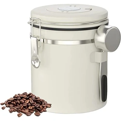 Imagen de Charwin Bote para Café con Cuchar, 1.5L Contenedor de Cafe Hermetico, Recipiente Hermético Sellado al Vacío, Café, Té, Dulces,Tarros Acero Inoxidable Blanco Crema