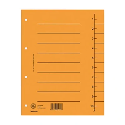 Imagen de DONAU 8610001 12 Lote de 100 divisores, color naranja/cartón, extra ancho, cartón reciclado, 250 g/m², con impresión líneas, para DIN A4, 4 índice