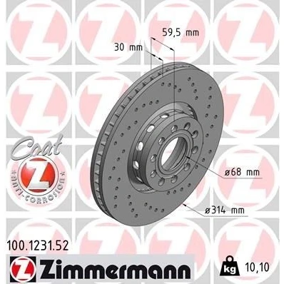 Imagen de ZIMMERMANN SPORT COAT Z 100.1231.52 Disco de freno 314 30 10/5 5 112 ventilación externa, perforado revestido altamente carbonizado AUDI: A8 D2