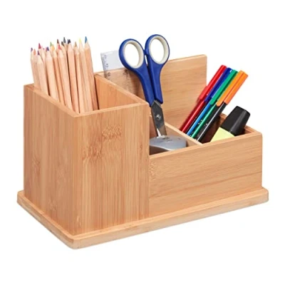 Imagen de Relaxdays Portalápices Bambú, Organizador Escritorio, Baño y Oficina, Caja bolígrafos, 14 x 24,5 cm Aprox, Natural, Coco