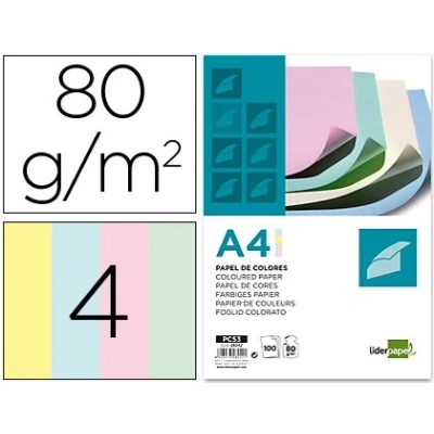 Imagen de Papel color liderpapel a4 80g/m2 4 colores surtidos paquete de 100 hojas