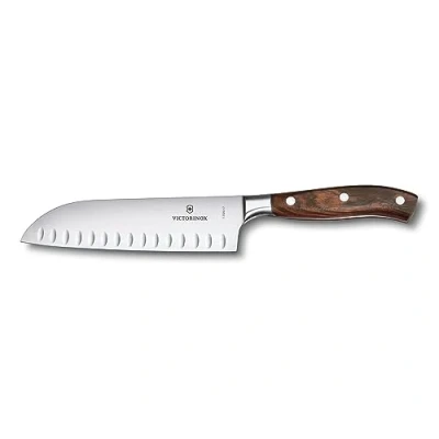 Imagen de Victorinox Grand Maître, cuchillo Santoku profesional, hoja extra afilada, filo biselado, 17 cm, elegante mango de madera, acero inoxidable, marrón
