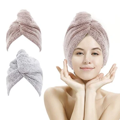 Imagen de Paquete de 2 toallas pelo, toalla secado rápido con botones, bambú para secar tu cabello más (gris estrella y rosa estrella)