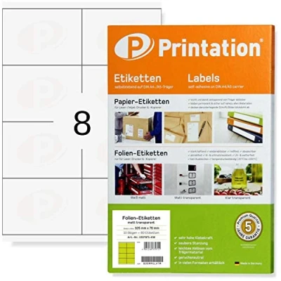Imagen de Printation etiquetas transparentes mate 105 x 70 mm 80 pegatinas resistentes a la intemperie 8 adhesivas por hoja A4 2 4 láminas imprimibles con impresora
