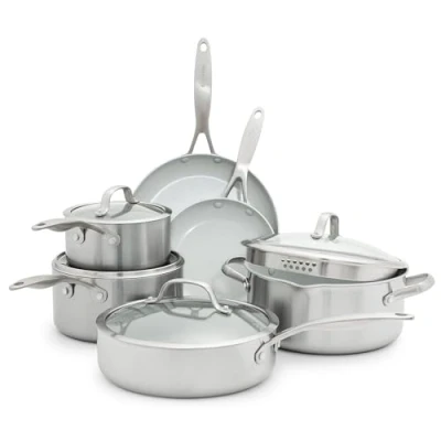 Imagen de GreenPan Venice Pro Juego de 10 Ollas y Sartenes Acero Inoxidable Triplemente Cerámico Antiadherente, Sin PFAS, Multicapa, Inducción, Apto para Lavavajillas, Horno, Plateado