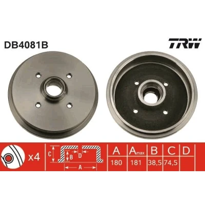 Imagen de TRW DB4081B Tambor de Freno con apoyo, sin anillo sensor ABS 190 VOLKSWAGEN: GOLF 1 Cabriolet, 2, Polo III Hatchback, SEAT: Córdoba I Berlina