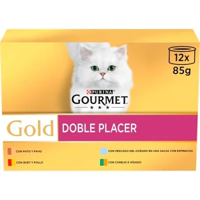 Imagen de Gourmet Purina Gold Doble Placer, Comida Húmeda para Gato Pack Surtido, 8 Packs de 12 latas 85g 96