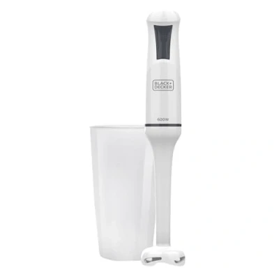 Imagen de Black+Decker BXHB500E Batidora de mano 600W, diseño compacto y ergonómico, pie plástico desmontable, antisalpicaduras, incluye vaso medidor, plástico, blanco