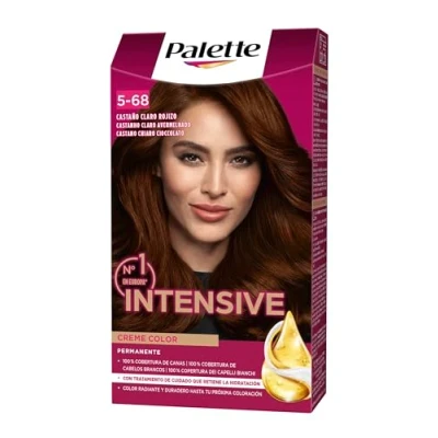 Imagen de PALETTE Intensive Creme Color 5 68 Castaño Claro Rojizo, tinte permanente con aceite de macadamia y almendras, cubre el 100% las canas raíces, para un pelo radiante