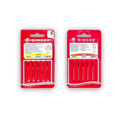 Imagen de Singer 2 paquetes de agujas para máquina coser universal y especial tejido elástico 2020/2045 (822R 848R) Surtido espesores Sistema 130/705H
