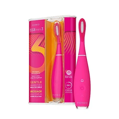 Imagen de FOREO ISSA mini 3 Wild Strawberry, Cepillo de dientes sónico 4 en 1, filamentos silicona y polímero PBT, cabezal cepillado remplazable para 6 meses, 265 usos por carga USB, garantía 2 años