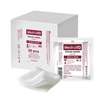 Imagen de Medrull compresas estériles de gasa 100 unidades (20 x 5 unidades), 8 capas, 5cm cm Material para apósitos, heridas, vendas gasa, apósitos heridas