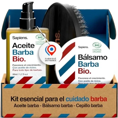 Imagen de Sapiens Barbershop Kit para Barba Hombre Aceite Orgánico + Bálsamo Cepillo de Cerda Jabalí Esenciales el Cuidado la