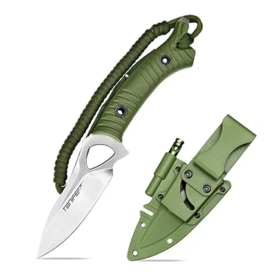 Imagen de TONIFE Explorer Cuchillo de Hoja Fija con Funda 8Cr14MoV Blade Multifuncional Supervivencia, Fibra Vidrio Reforzada Mango Nylon para EDC Cuchillo(Verde+Satén)