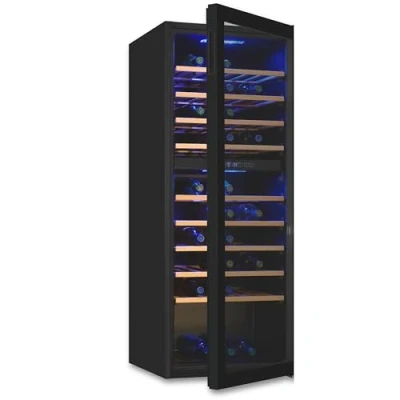 Imagen de Exquisit® Vinoteca, 78 Botellas, Clase G, 194 Litros, Rango Temperatura 5ºC a 20ºC, 9 Estantes de Madera, Tirador Integrado, Consumo 153 kWh/año, Medidas 128,5x49x57,5 Cm.