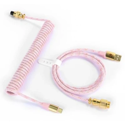 Imagen de MAMBASNAKE C03 Cable USB C en Espiral para Teclado de Juegos, Tipo A Starlight Nailon Braided Coiled Mecánico, con 24K Gold Conector Aviador Desmontable Rosa