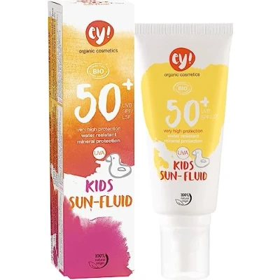 Imagen de Ey! Organic Cosmetics Sunfluid Kids Fluido solar SPF 50+ resistente al agua, vegano, sin microplásticos, cosmética natural para rostro y cuerpo, 1 unidad (1 x 100 ml)