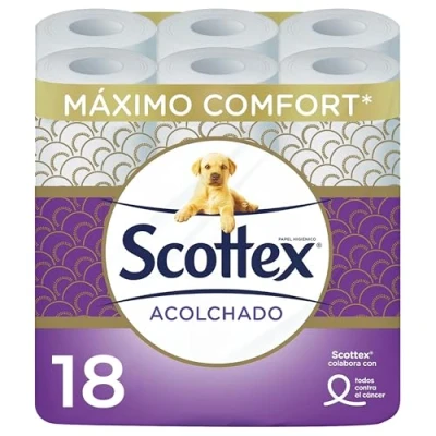 Imagen de Scottex® Papel higiénico acolchado de 18 rollos, ultra cómodo y suave, embalaje 100% reciclable