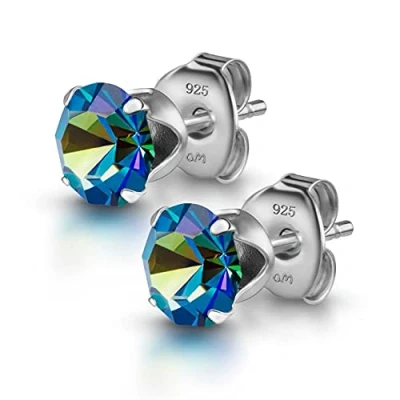 Imagen de Amberta Pendientes de Botón para Mujer en Plata Ley 925 con Cristales Lumini Blue Collection: Azul Bermuda