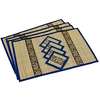 Imagen de Juego de Posavasos caña Mimbre Tejido a Mano Alternativa ecológica al plástico Estilo tailandés Resistente Calor Fácil Limpiar para Mesa Comedor (Azul Marino Grande ST)
