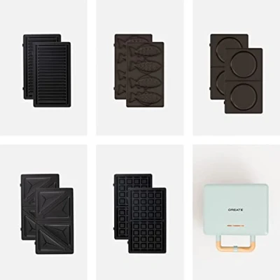 Imagen de CREATE/STONE STUDIO/Sandwichera Grill y gofrera doble azul / 5 placas intercambiables: Grill, Gofre, Sandwich, Taiyaki Tortitas, antiadherente, apertura 100º, autoapagado, retro, 800W