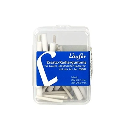 Imagen de Läufer Borrador de repuesto 69608 en 2 tamaños para goma borrar eléctrica, 25 unidades 2,3 mm diámetro y 5 diámetro, caja resellable, bolígrafo que funciona