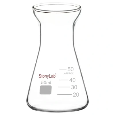 Imagen de stonylab Matraz Erlenmeyer de Boca Ancha Vidrio, Flask, 50 ml Vidrio Borosilicato con Borde Servicio Pesado, 1 Paquete