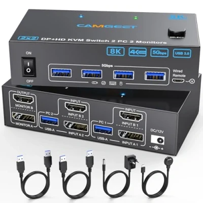 Imagen de 4K144Hz HDMI+Displayport KVM Switch 2 PC Monitores, Camgeet Conmutador USB 3.0 para dos monitores PC, monitore y 4 puertos 3.0.con Cables USB,adaptador de 12 V A control remoto