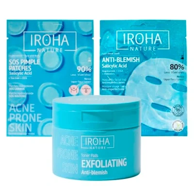 Imagen de IROHA NATURE Pack Antiimperfecciones Intensivo Tratamiento Antiacné Ácido Salicílico Mascarilla Facial, Discos Tónico Exfoliantes y Parches SOS GranitosControl GrasaSet Profesional Piel Acneica