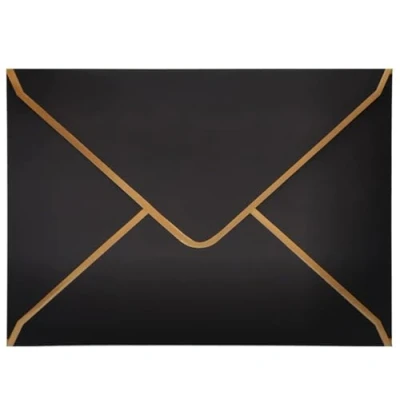 Imagen de 50 sobres de invitación A7, negros y lujosos, 18,5 x 13,5 cm, miniatura, con solapa en V, borde dorado para bodas, invitaciones, fiestas, tarjetas felicitación