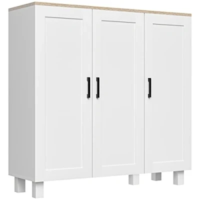 Imagen de HOMCOM Aparador de Cocina Armario Salón Mueble Buffet con 3 Puertas y Estantes Ajustables para Comedor Dormitorio Estilo Nórdico 90x30x90 cm Blanco