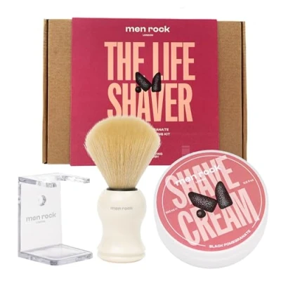 Imagen de Men Rock The Life Shaver Shaving Gift Set for a Barber Standard Wet Shave Includes Cream 100ml, Synthetic Brush and Drip Stand, Black Pomegranate Spicy Pepper Fragrance