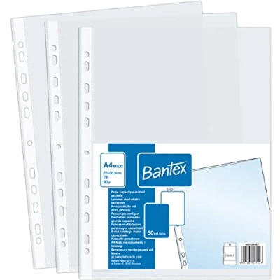Imagen de Lote de 50 fundas A4+ Maxi Bantex para catálogo, lámina polipropileno mate y granulado, 90 µ (extrafuerte, 0,09 mm)