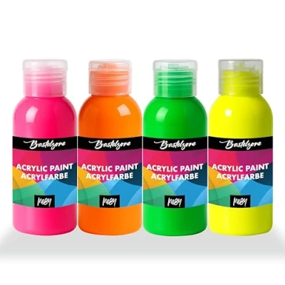 Imagen de Bastelzone Juego de pinturas acrílicas neón, 4 colores 100 ml para niños y adultos, adecuado papel, lienzo, madera, piedra, tela, metal, etc. x (neón fluorescente)