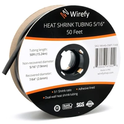 Imagen de Wirefy Tubo Termorretráctil 7,9 mm Termoretractil de Doble Pared 3:1 Revestimiento Adhesivo Térmico Negro Rollo 15 m