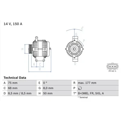 Imagen de BOSCH 0 986 082 590 Alternador 14V 150A FORD: Focus 2, 2 Limousine, Kombi, VOLVO: V50, S40 II, C30