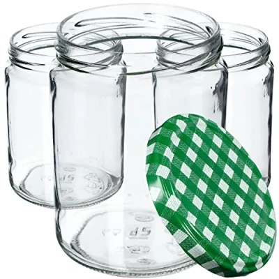Imagen de KADAX tarros de cristal 540 ml, para conservas, conservas con tapa rosca, mermelada, conserva, redondos (cuadros verdes/8 unidades)