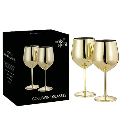Imagen de Oak &amp; Steel 2 Copas de Vino Doradas (520ml) Acero Inoxidable, Metal Irrompible, con Caja Regalo