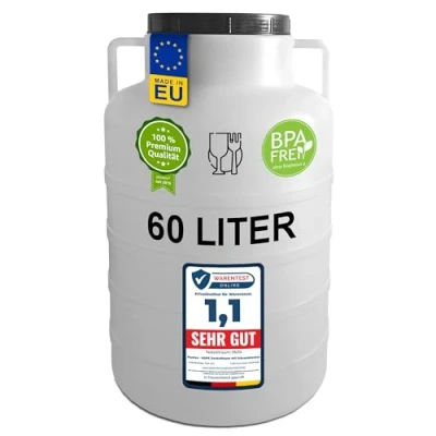 Imagen de Plasteo® barril de boca ancha 60 litros, natural, redondo, con tapa y asas, apto para alimentos sin BPA, plástico universal, agua, lluvia, almacenamiento