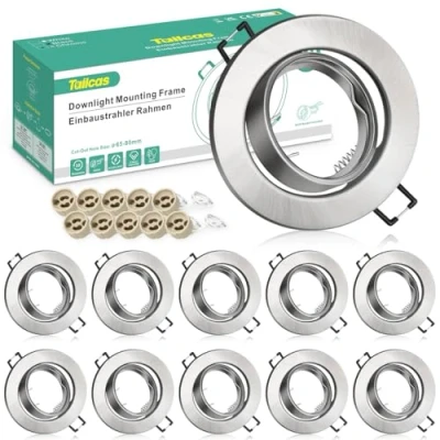Imagen de Marco Foco Empotrable GU10, 10 Pack Marcos Focos Downlight Led Metal Cepillado Redondo con Portalámparas Ф 65 80mm, Ángulo basculación 30, Para 50mm Lámparas De O Halógena