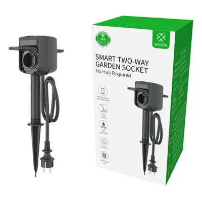 Imagen de Woox Doble Enchufe eléctrico Inteligente Alexa para Exteriores con estaca y Soporte Negro